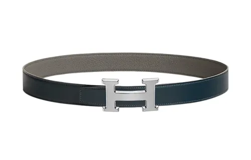 HERMES Metallic Cow Leather Belts Men's Marine Blue/Lizard Gray Width 3.2cm