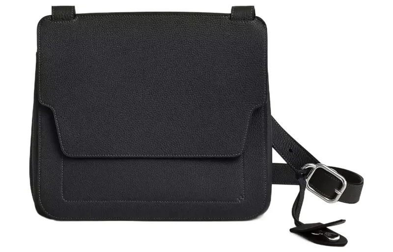 HERMES Mali Selle Silver Tone Buckle Togo Calfskin Messenger Bag, Shoulder Bag, Crossbody Bag Men's 89 Noir Black