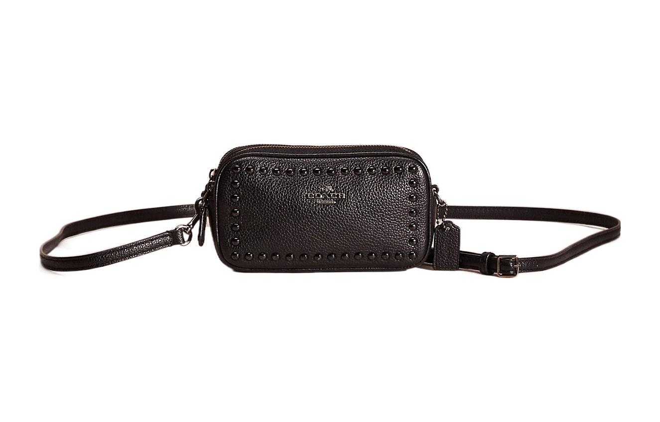 COACH Coach 16 Solid Letter Logo Studs Pebbled Leather Camera Bag Shoulder Crossbody Mini Women's Black