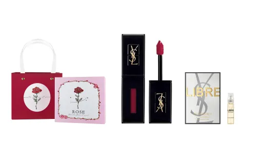 YSL, lip gloss, bar, gift box contains rose, perfume, 2023 collection, new color, set