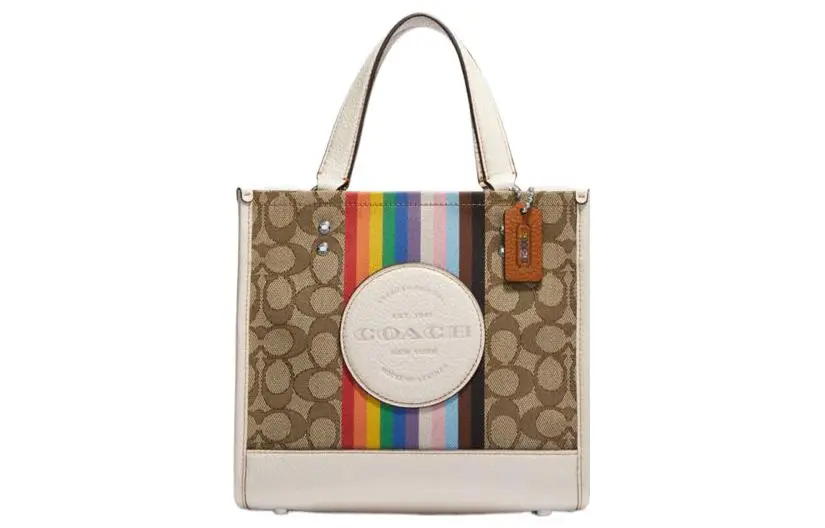 COACH Dempsey Fabric With Leather Tote Bag, Shopping Bag, Tote Bag, Shoulder Bag, Handbag Small Women's Brown & White