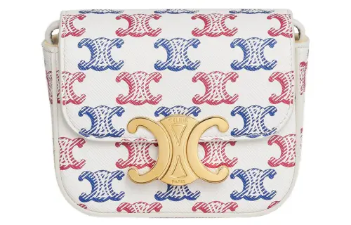 CELINE Triomphe Canvas paneled Calfskin Trim Handbag, Shoulder Bag, Crossbody Bag Mini Women's Blue/Red/White