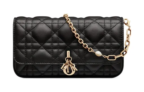 DIOR Lady Dior Wicker Pattern Sheepskin Cell Phone Pouch Regular Women's Black
