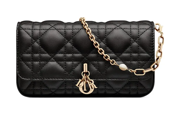 DIOR Lady Dior Wicker Pattern Sheepskin Cell Phone Pouch Regular Women's Black
