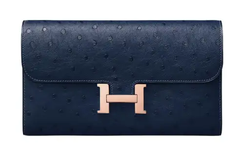 HERMES Light Gold Buckle Ostrich Leather Wallet Women's 77 Bleu Iris Blue