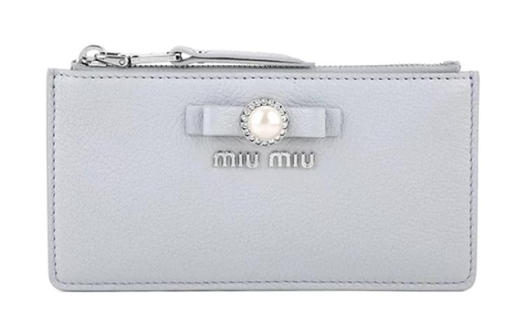 MIU MIU Faux Pearl Decoration Leather Card Holder, Wallet Women's Light Blue