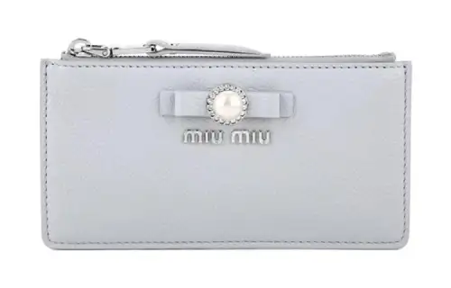 MIU MIU Faux Pearl Decoration Leather Card Holder, Wallet Women's Light Blue