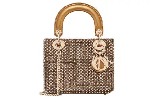 DIOR Lady Dior Faux Crystal Embroidery Shoulder Bag, Crossbody Bag, Handbag Mini Women's Gold