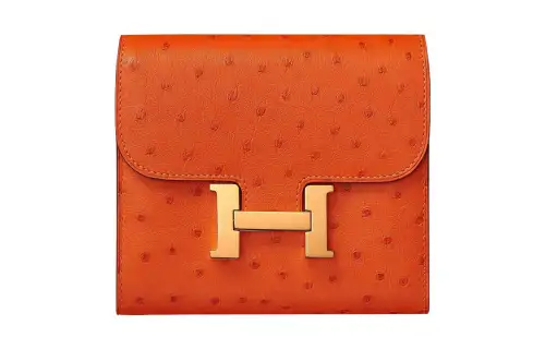 HERMES Constance Ostrich Leather Wallet Women's 5K Tangerine Orange Red