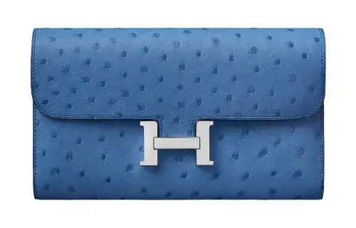 HERMES Silver Tone Buckle Ostrich Leather Wallet Women's 7Q Mykonos Greek Blue