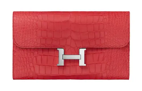 HERMES Constance Crocodile Leather Wallet Women's A5 Bougainvillier Rhododendron Red
