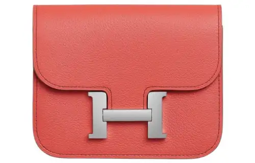 HERMES Constance Slim Silver Tone Buckle Evercolor Calfskin Wallet, Card Holder, Fanny Pack Women's Texas Rose