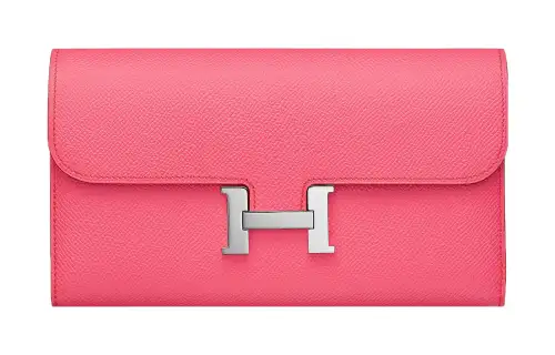 HERMES Silver Tone Buckle Epsom Calfskin Wallet Women's 8W Rose Azalee Lipstick Powder
