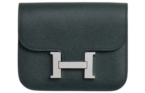 HERMES Constance Slim Silver Tone Buckle Evercolor Calfskin Wallet, Card Holder, Fanny Pack Women's Dark Green