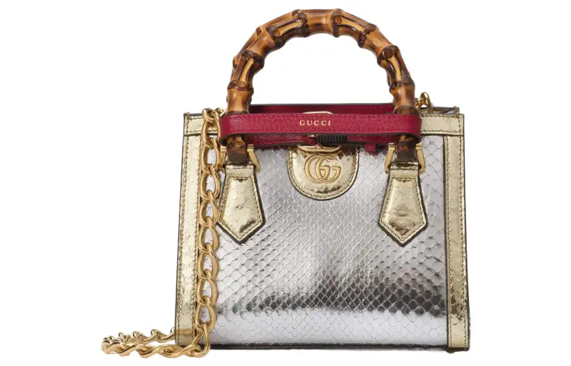 GUCCI Python Skin Tote Bag, Shopping Bag, Shoulder Bag, Crossbody Bag, Handbag Mini Women's Metallic Silver