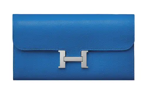 HERMES Constance Evercolor Calfskin Wallet Women's I7 Bleu Zellig Mosaics Blue