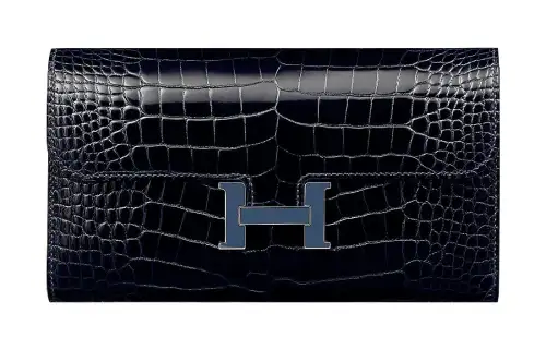 HERMES Constance Polished Crocodile Leather Wallet Women's 7E Bleu Brighton Prussian Blue