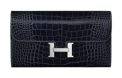 HERMES Crocodile Leather Wallet Women's 78 Bleu Marine Deep Sea Blue