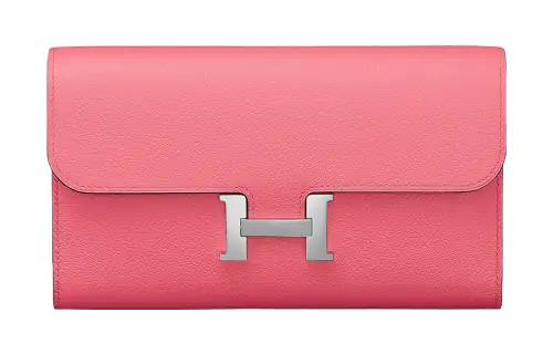 HERMES Silver Tone Buckle Evercolor Calfskin Wallet Women's 8W RoseAzalee Lipstick Powder