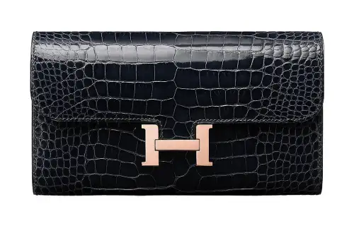 HERMES Light Gold Buckle Crocodile Leather Wallet Women's 78 Bleu Marine Deep Sea Blue