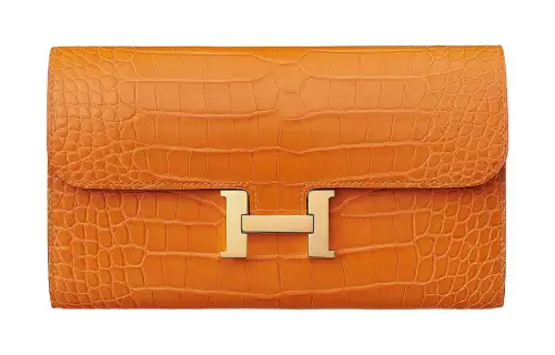 HERMES Gold tone Lock Crocodile Leather Wallet Women's I9 Abricot Apricot