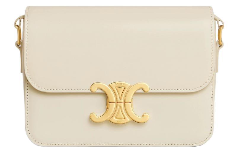 CELINE Teen Triomphe Cow Leather Crossbody Bag, Shoulder Bag Women's Pearl White