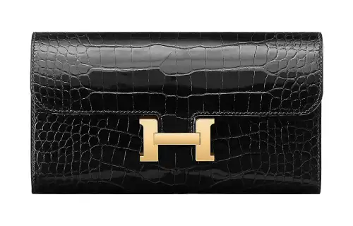 HERMES Gold tone Lock Crocodile Leather Wallet Women's 89 Noir Black