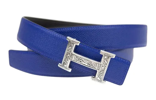 HERMES Touarge Leather Belts Men's Blue 3.2cm