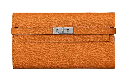 HERMES Silver Tone Buckle Epsom Calfskin Wallet Women's Orange