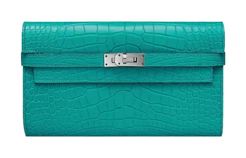 HERMES Kelly Wallet Silver Tone Buckle Crocodile Leather Wallet Women's Blue