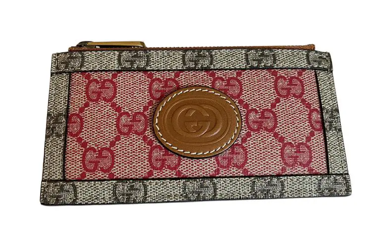 GUCCI Denim Patchwork Leather Card Holder Women's Red