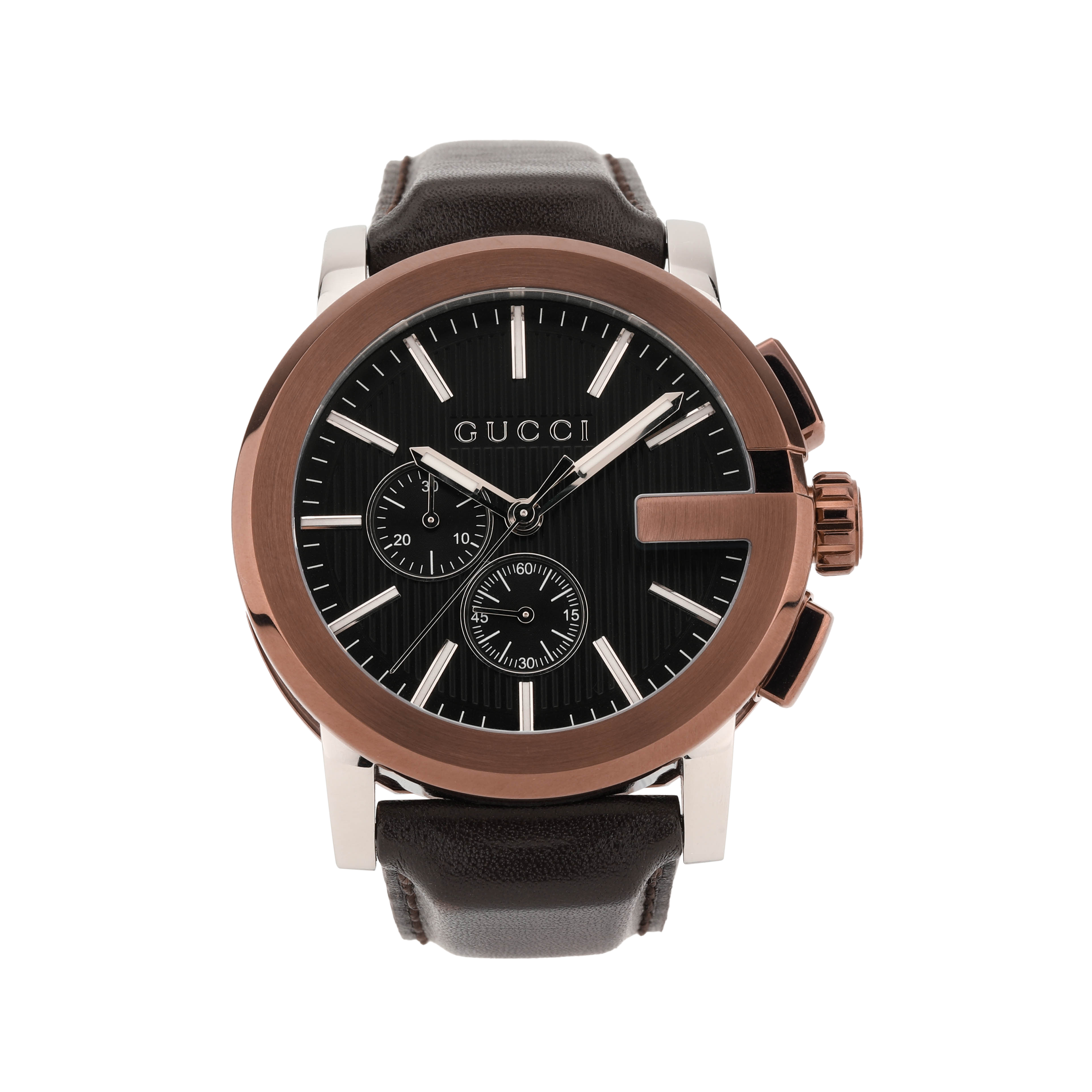 GUCCI G Chrono Wrist Watches Quartz Movement Genuine Leather Strap Black Dial Men's Watches