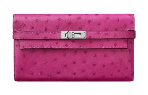 HERMES Silver Tone Buckle Ostrich Leather Wallet Women's L3 Rose Purple Rose