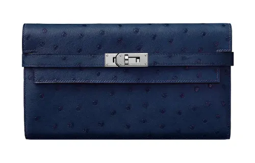 HERMES Silver Tone Buckle Ostrich Leather Wallet Women's 77 Bleu Iris Blue