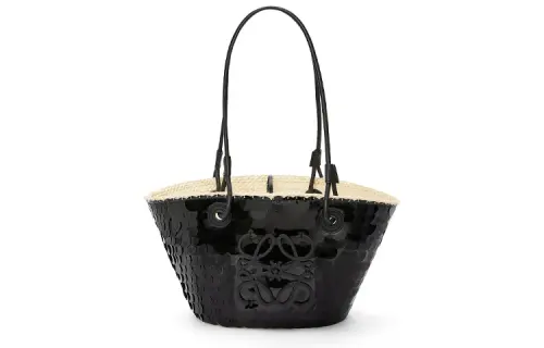 LOEWE Anagram Basket Sequins Irica Palm Fiber With Cow Leather Handbag, Shoulder Bag Women's Black