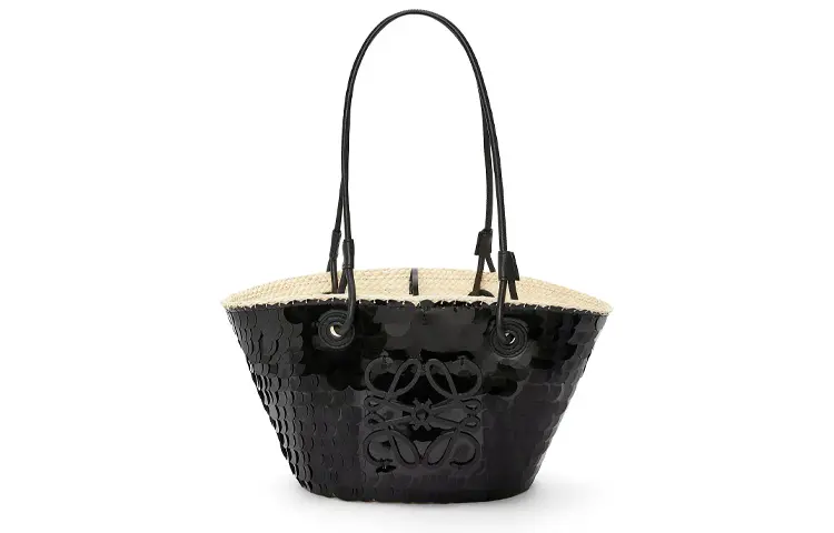 LOEWE Anagram Basket Sequins Irica Palm Fiber With Cow Leather Handbag, Shoulder Bag Women's Black