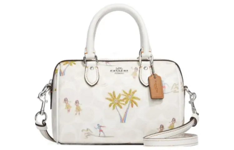 COACH Rowan Leather Boston Bag, One Shoulder Handbag Small Women's White