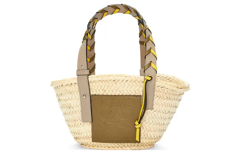LOEWE Basket Palm Leaf With Cow Leather Handbag Small Women's Olive/sand