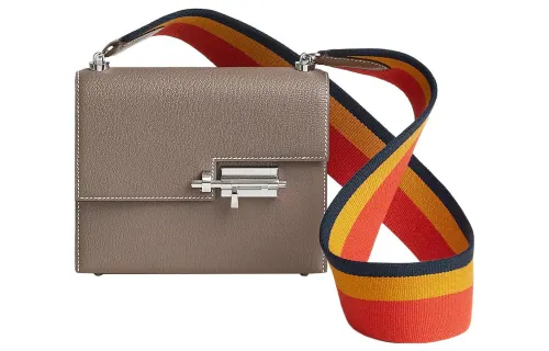 HERMES Verrou Mysore Goat Skin With Canvas Shoulder Bag, Crossbody Bag Mini Women's Elephant Gray