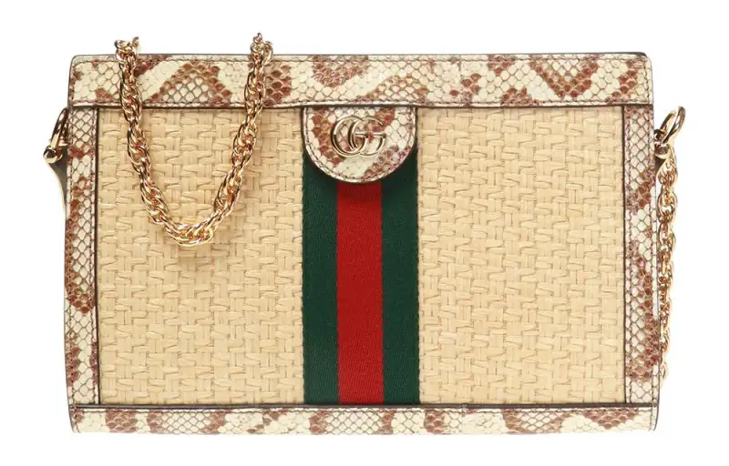 GUCCI Ophidia Straw Woven With Snake Skin Crossbody Bag, Shoulder Bag Women's Beige