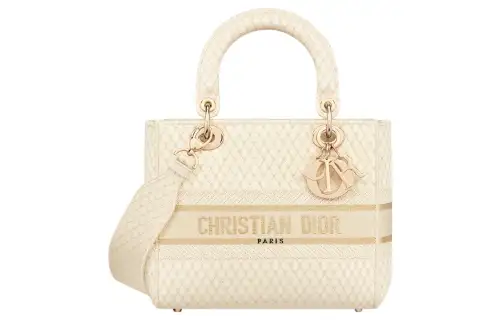 DIOR Lady D Lite Gold Diamond Embroidery Handbag, Shoulder Bag, Crossbody Bag, Handbag Medium Women's Beige
