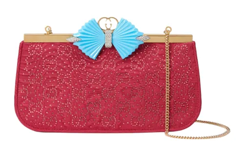 GUCCI Resin Glass Fabric One Shoulder Crossbody Clutch Women's Cherry Red