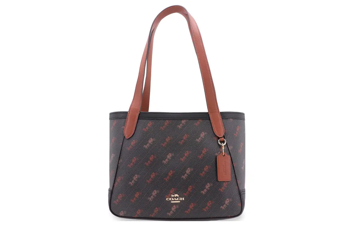 COACH Coated Canvas With Leather Tote Bag, Shopping Bag, Handbag, Shoulder Bag Women's Dark Brown