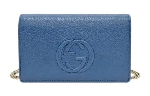 GUCCI Soho Litchi Grain Calfskin Shoulder Bag, Crossbody Bag Women's Blue