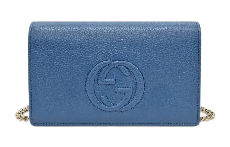 GUCCI Soho Litchi Grain Calfskin Shoulder Bag, Crossbody Bag Women's Blue