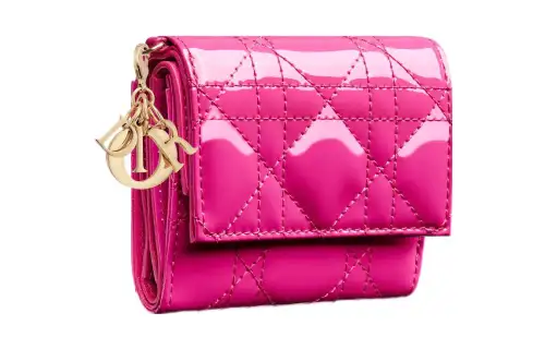 DIOR Lady Dior Patent Leather Calfskin Wallet Women's Rose Red