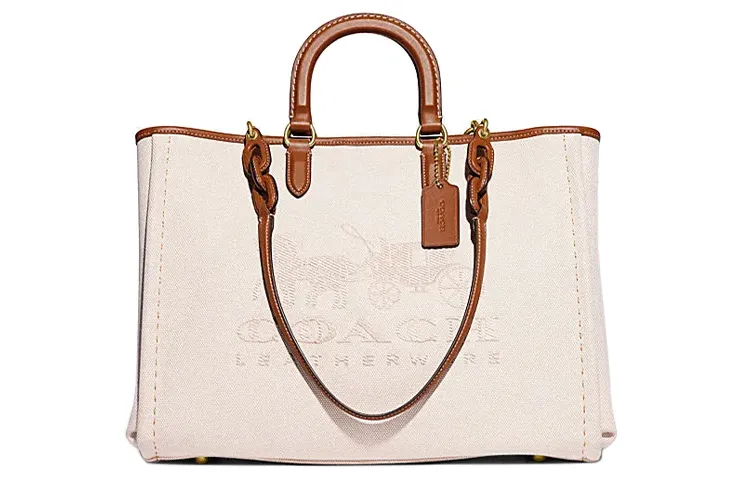 COACH Fabric Tote Bag, Shopping Bag, One Shoulder Handbag Large Women's Ivory White & Brown