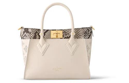 LOUIS VUITTON On My Side Calfskin With Python Skin Tote Bag, Shopping Bag, Handbag Small Women's Beige