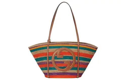 GUCCI Blondie Raffia Leather Trim Tote Bag, Shopping Bag, Handbag Small Women's Multicolor