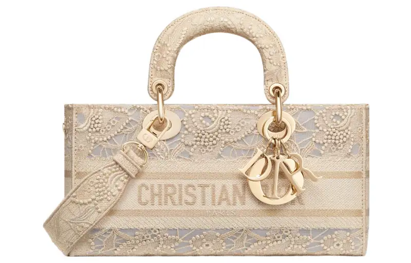 DIOR Lady D JOY D Lace Macramé Pattern Embroidery Handbag, Shoulder Bag, Crossbody Bag, Handbag Medium Women's Gold